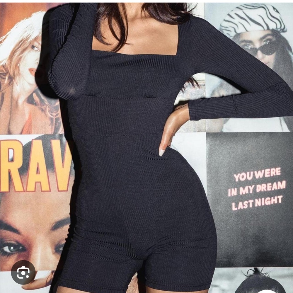 Princess Polly │ Black Ribbed Long Sleeve Square Neck Romper